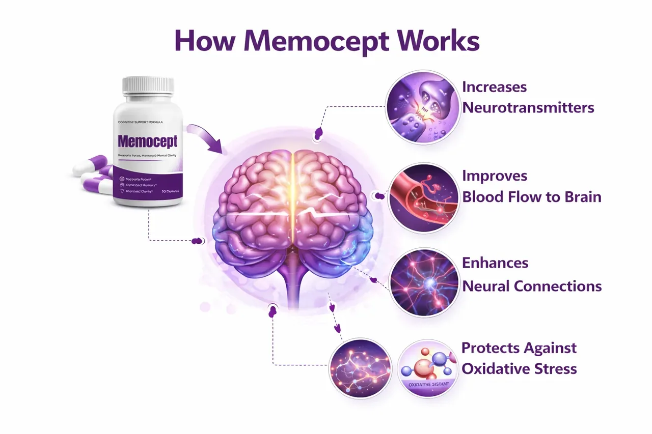 How Memocept works infographic showing cognitive support, brain blood flow, neural connections and oxidative stress support